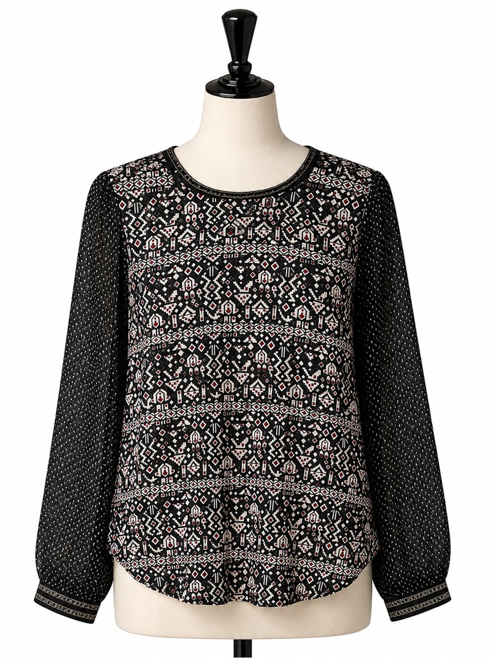 Maison Scotch Boho Sheer Geometric Print Blouse Festival Peasant Top Size 1